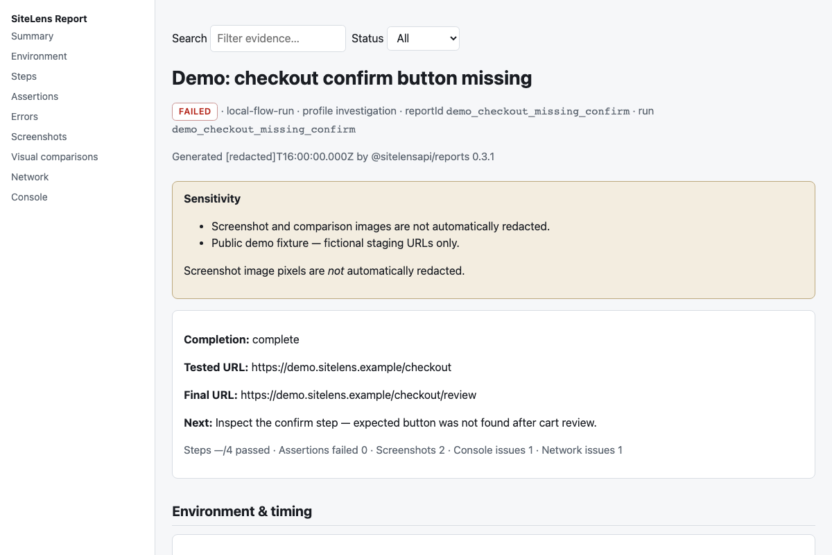 HTML report failures section for the demo checkout failure